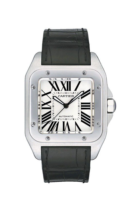 Santos 100腕表，精鋼表殻，自動上鍊機芯，大型款。圖／卡地亞提供