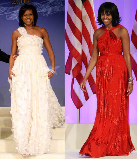 蜜雪兒穿上吳季剛設計的紅色露肩雪紡紗絲絨禮服，出席晚間的舞會（右），四年前同一場合，她也是穿著吳季剛作品（左）。圖／美聯社