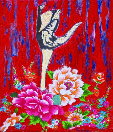 吳清桂花布油畫作品「花詩與舞」，畫中人物是舞蹈家蔡瑞月的身影。 圖／大塊文化提供