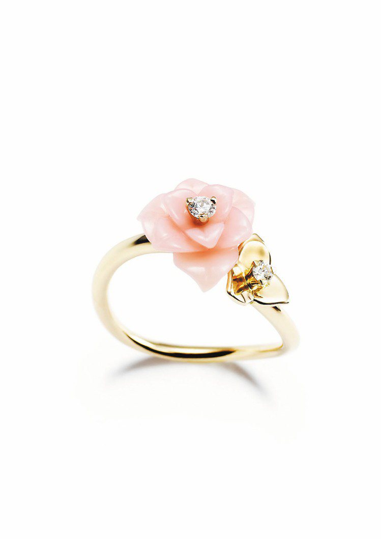 Piaget Rose 18K玫瑰金指環，鑲飾1顆粉紅色蛋白石及2顆圓形美鑽，9...