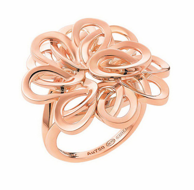 萬寶龍摩納哥葛莉絲王妃系列高級珠寶編織花瓣玫瑰金戒指，14萬5,400元。圖／萬寶龍提供