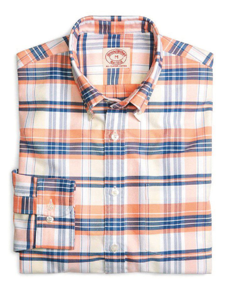 粉橘格牛津布紋襯衫，3,680元。圖／Brooks Brothers提供