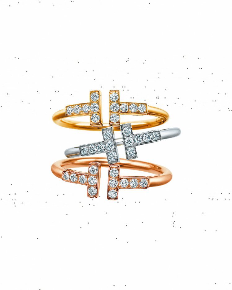 Tiffany T系列18K金、白金、玫瑰金鑲鑽戒指各52,000元。圖╱Tiffany提供