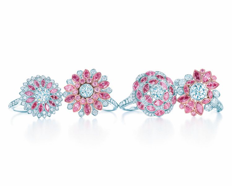 花朵造型粉鑽戒指(由上至下)225萬元、346萬5,000元、346萬5,000元、329萬元。圖／Tiffany提供