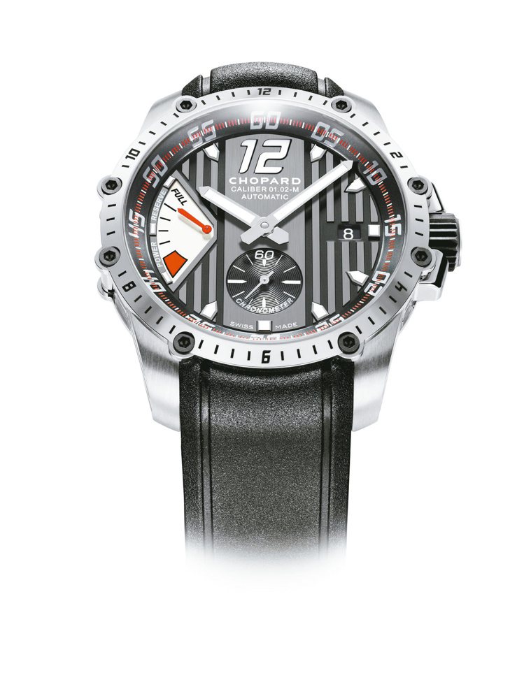 Superfast動力儲存腕表，精鋼表殼，搭配slick賽車輪胎紋表帶，價格店洽。圖／蕭邦提供