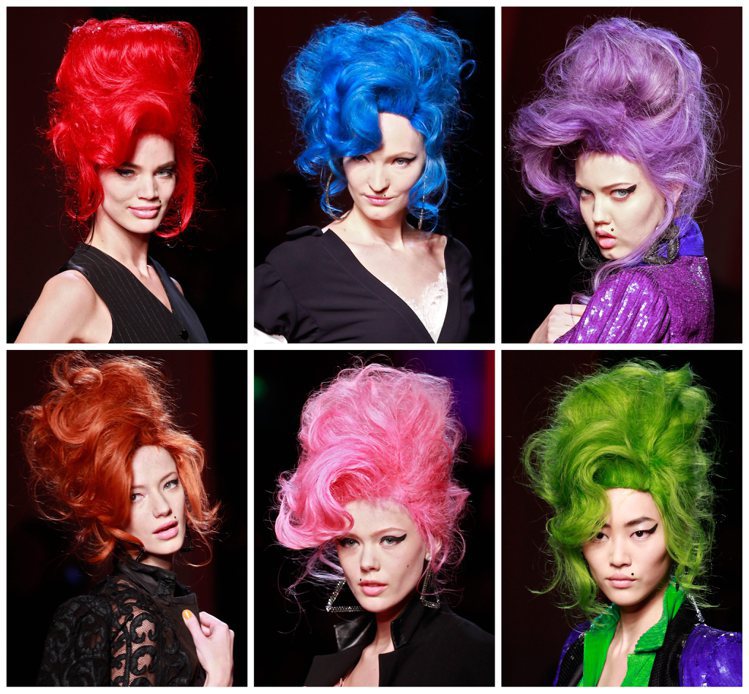 高堤耶在巴黎時裝秀期間，由模特兒複製艾美懷絲著名的「蜂巢」髮型，向艾美懷絲致敬。圖／歐新社