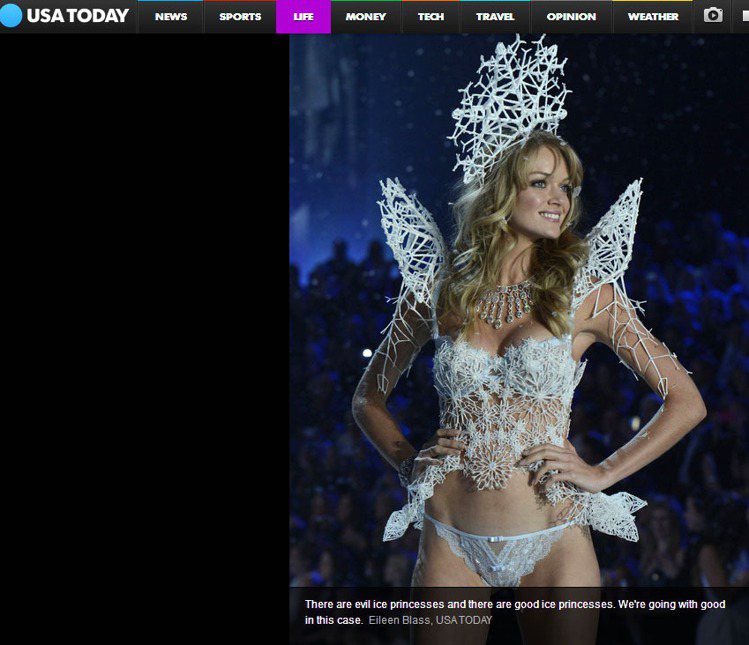 透過3D列印技術製成的內衣「Snow Queen」由當家天使超模 Lindsay Ellingson 展示。圖／擷取自usatoday.com