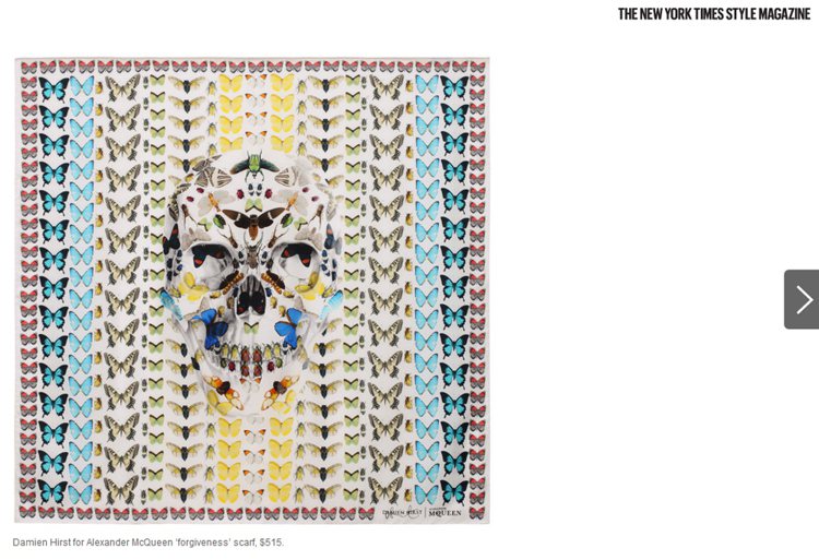 Damien Hirst的黯黑絲巾系列包括骷髏、蜘蛛、蝴蝶與其他昆蟲主題。圖／擷取自The New York Times Style Magazine