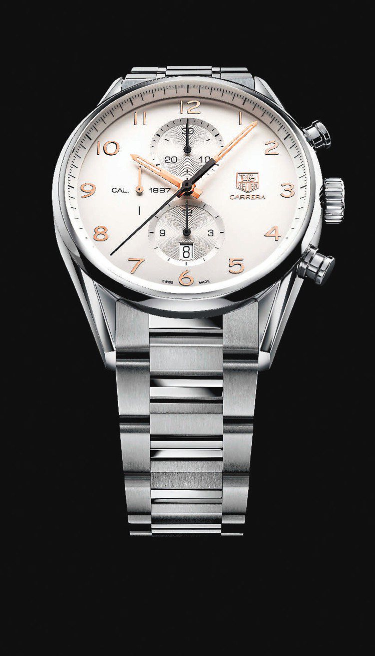 豪雅表Carrera Calibre 1887 玫瑰金指針計時腕表，20萬元。圖／豪雅表提供