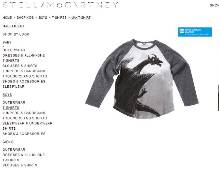 Maleficent 變身後的巨龍也成了T恤的設計靈感。圖／擷取自Stella McCartney官網