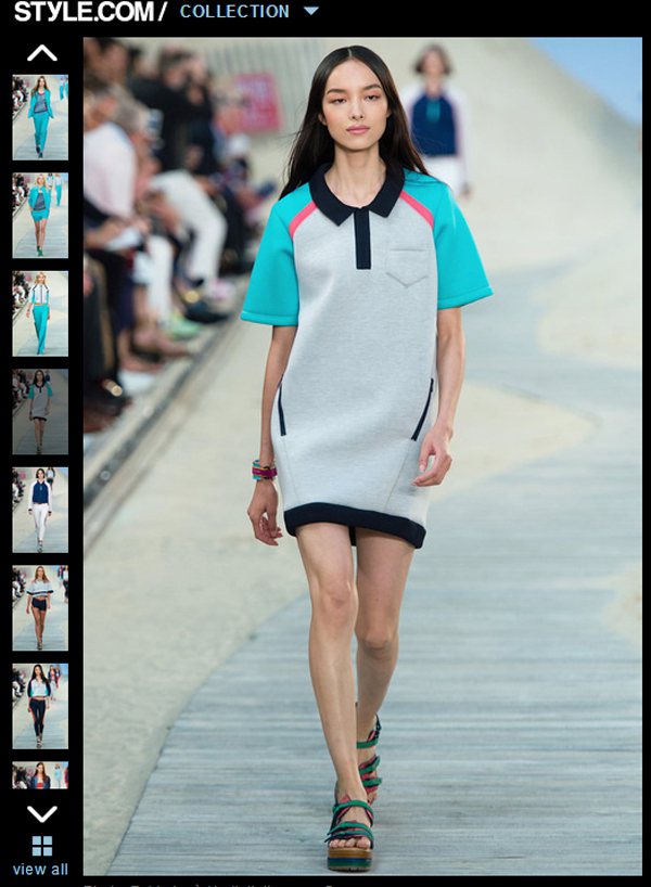 Tommy Hilfiger 這件連身裙，以POLO 領與棒球風短袖營造運動風，寬鬆設計與鮮豔色塊讓裙子看起來更悠哉、俏皮了。圖／擷取自style.com
