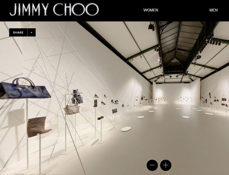 Jimmy Choo 推出「虛擬展示館」，讓消費者不僅可透過線上瀏覽編輯和買家們在米蘭服裝周看到的新品，還能預購秋冬新裝。圖／擷取自http://virtualshopping-uk.jimmychoo.com