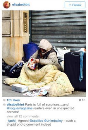Elisabeth von Thurn und Taxis 近日在自己的 Instagram 上傳了一張巴黎街頭一名流浪婦人正讀著 VOGUE 雜誌的照片，並註解如下：「巴黎真是充滿驚喜，VOGUE 的讀者不經意地出現在某個角落。」沒想到此舉引發網友撻伐。圖／擷自instagram