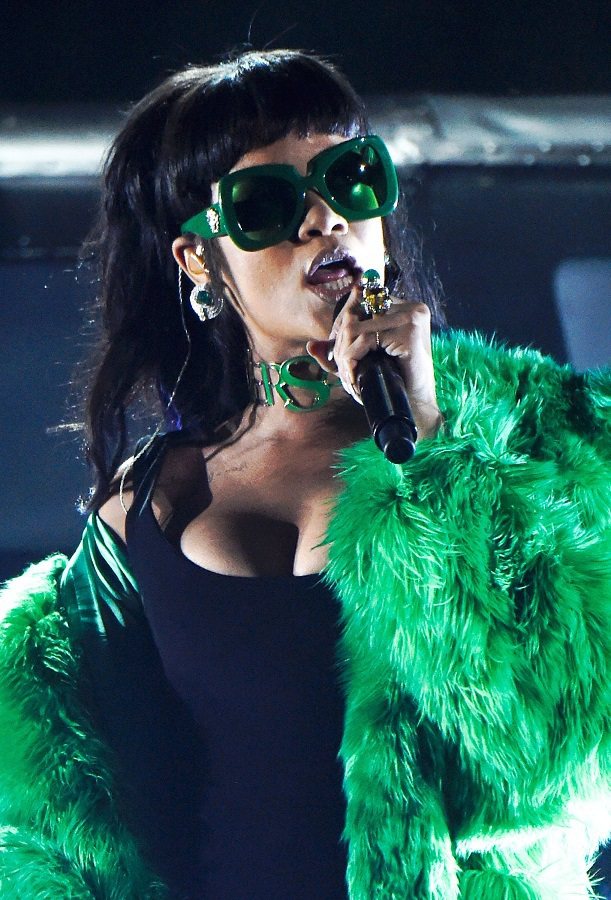 蕾哈娜身穿Versace綠色皮草和配件，在舞台上展現魅力。圖／Versace提供