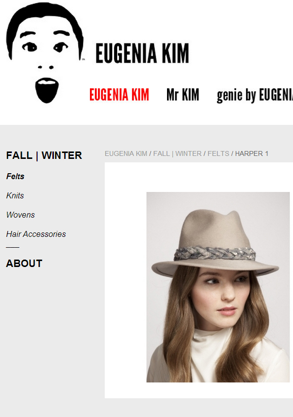 Eugenia Kim淺灰色紳士帽，繫上銀色亮片麻花辮，散發出典雅的氣質。圖／擷取自eugeniakim.com