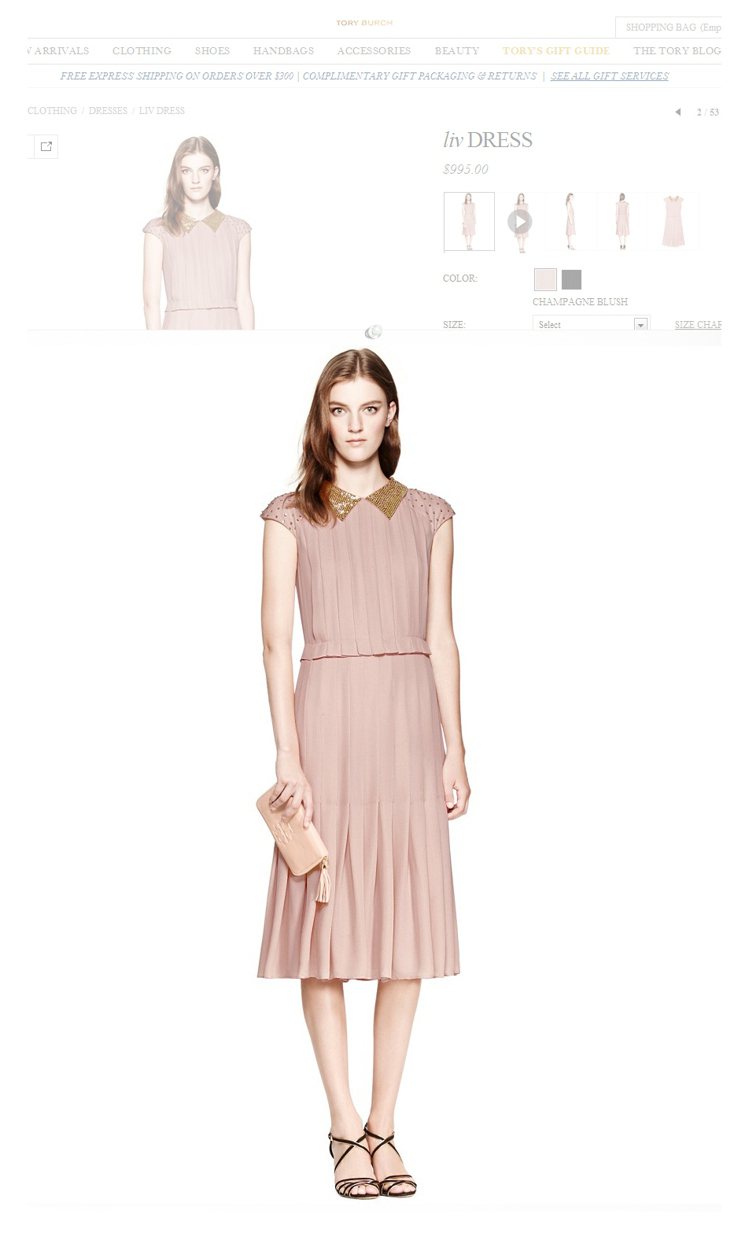 輕盈布料與「垂墜線條」也能增添粉色的古典氛圍，讓洋裝穿起來更飄逸優雅。圖／擷取自toryburch.com