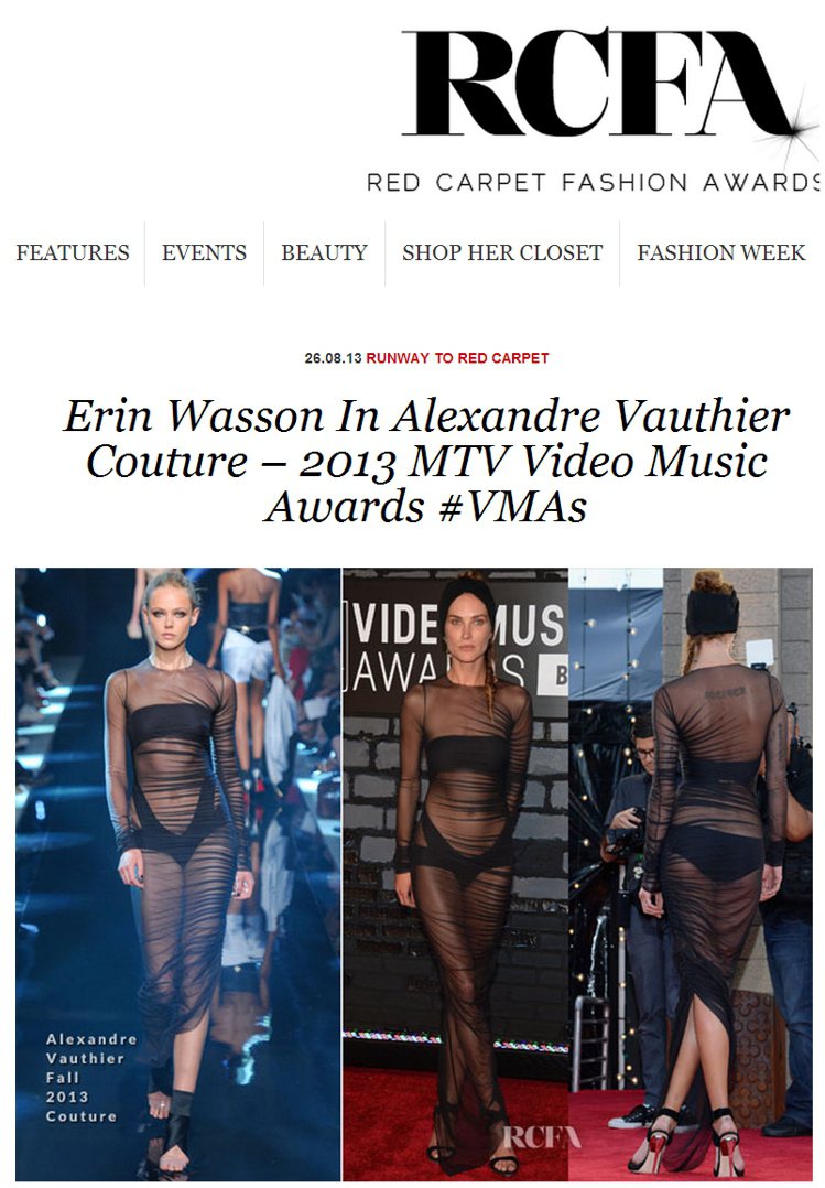 Alexandre Vauthier 透視禮服在伸展台上並不會那麼突兀，但Erin Wasson 穿起來卻充滿黯黑氣息。圖／擷取自redcarpet-fashionawards.com