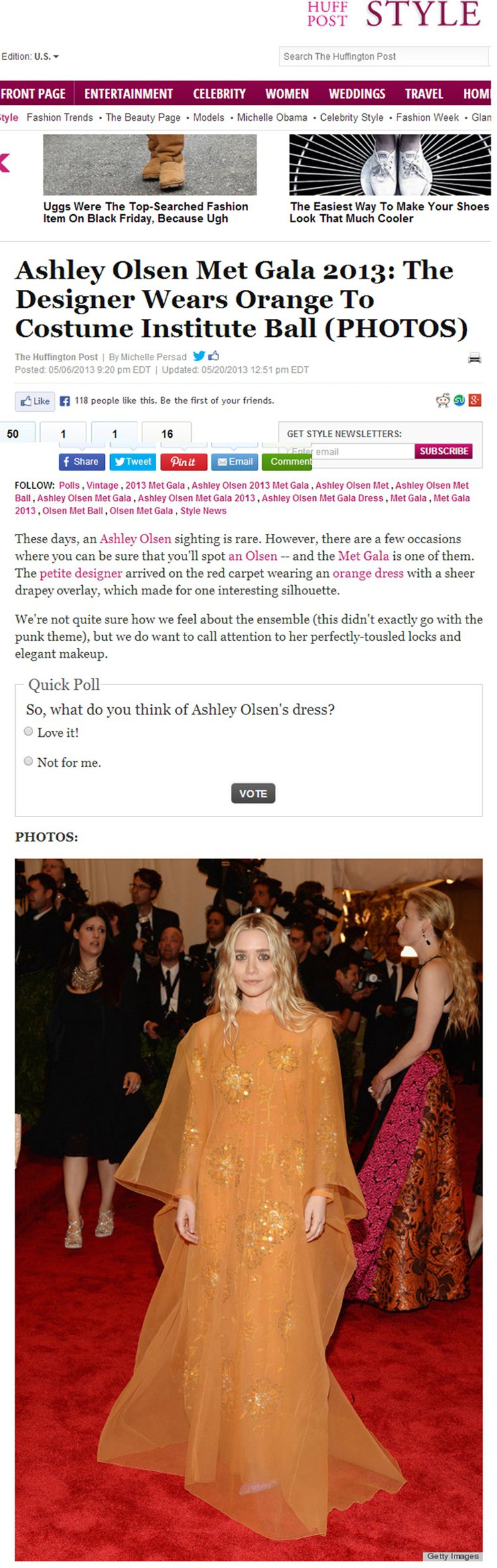 Ashley Olsen 穿著 Dior 高級訂製古董禮服，橘色薄紗內搭刺繡長禮服的設計，看起來就像童話故事裡的小仙子，只不過這身仙子裝出現在紅毯上難免有點怪怪的。圖／擷取自huffingtonpost.com