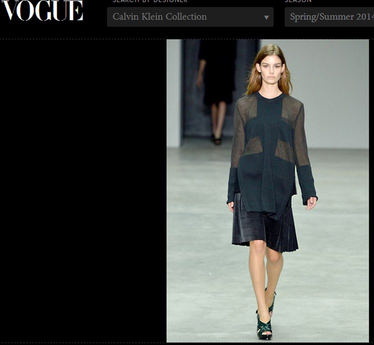 Calvin Klein 2014 年春夏系列充滿黑白運動透視風。圖／擷取自vogue.co.uk