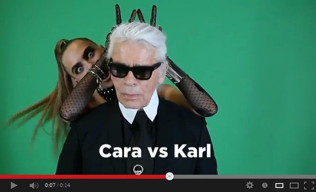 搶先曝光的16秒宣傳影片中，Cara調皮地在一派正經的老佛爺身後做出一堆搞怪pose。圖／擷取自melissachannel官方影音頻道