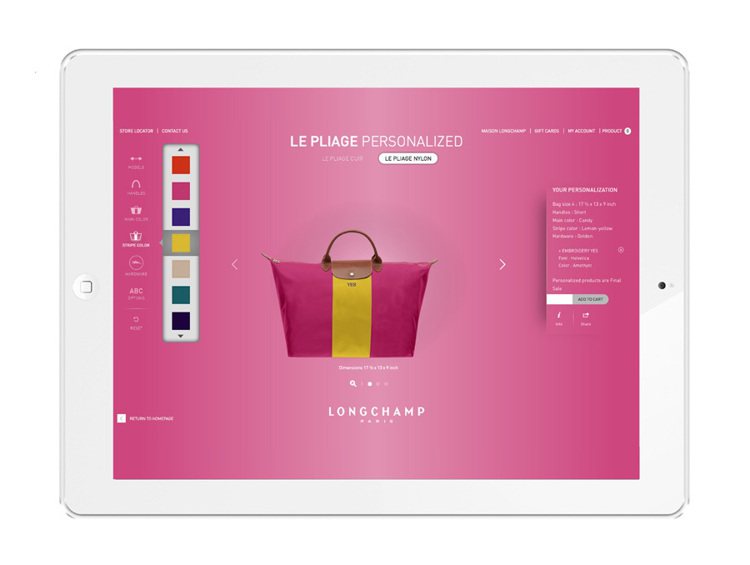 Longchamp Le Pliage Personalized 尼龍摺疊包訂製，店上採平板電腦提供客人選色搭配。圖／Longchamp提供