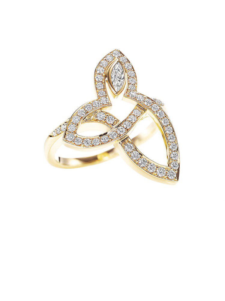 Lily Cluster系列鑽石戒環，18K黃金鑲圓形明亮式及馬眼型切工鑽石，共重0.4克拉，18萬8,000元。圖／Harry Winston提供