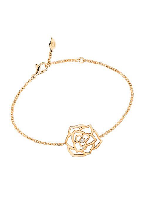 PIAGET ROSE蕾絲網狀玫瑰手鍊，18K玫瑰金鑲嵌0.04克拉鑽石，5萬9,000元。圖／伯爵提供