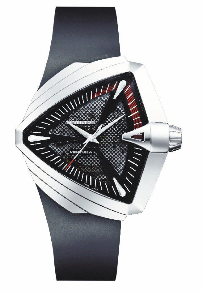 Hamilton Ventura腕表，自動機芯，42mm不鏽鋼表殼，黑色橡膠表帶，定價43,800元。圖／漢米爾頓提供