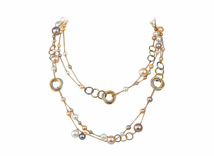 Trinity珍珠項鍊，三色金鑲嵌140顆總重0.75克拉美鑽與73顆各色珍珠，152萬元。圖／Cartier提供