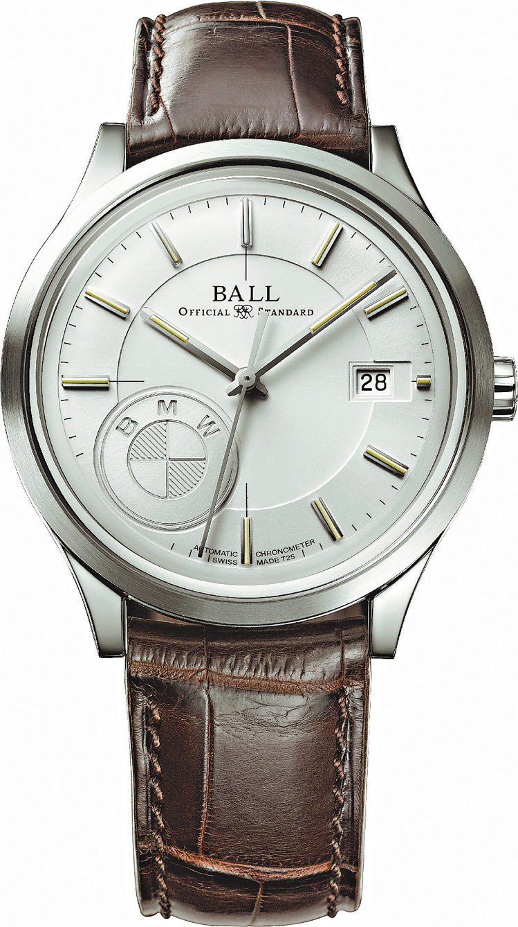 BALL&BMW系列腕表，經典大三針和日期顯示，自動機芯，40mm不鏽鋼表殼、鱷魚皮帶，定價10萬9,800元。圖／BALL Watch提供
