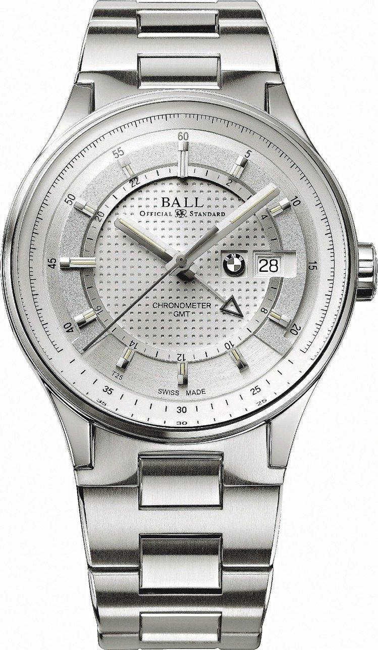 BALL&BMW兩地時間腕表，自動機芯，42mm不鏽鋼表殼、表帶，定價12萬3,800元。圖／BALL Watch提供
