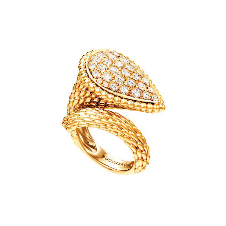 SERPENT BOHEME黃K金戒指，鑲嵌32顆重1.27克拉鑽石。圖／伯敻提供