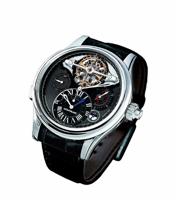 Villeret 1858系列陀飛輪計時腕表，18K白金表殼，全台限量1只，910萬元。圖／萬寶龍提供