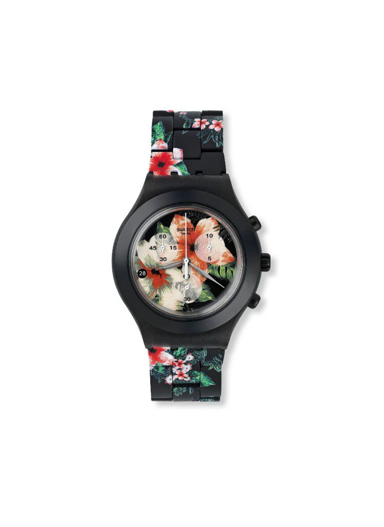 Swatch花舞腕表，表盤與鋁合金表帶都印滿花朵圖騰，5,250元。圖╱Swatch提供