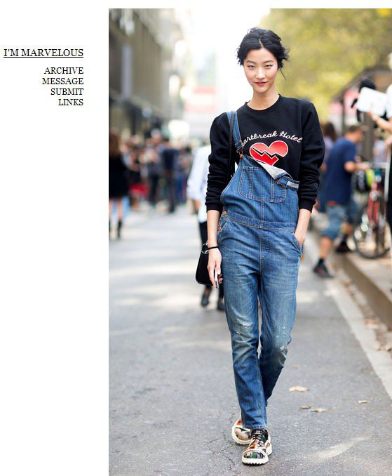 超模 Ji hye Park 將一邊的吊帶釦子解開，打造隨性的瀟灑look。圖／擷取自stannats.tumblr.com