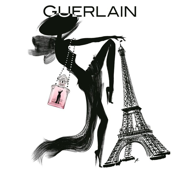 嬌蘭小黑裙淡香精以虛擬人物為主角遊巴黎鐵塔。圖／嬌蘭提供