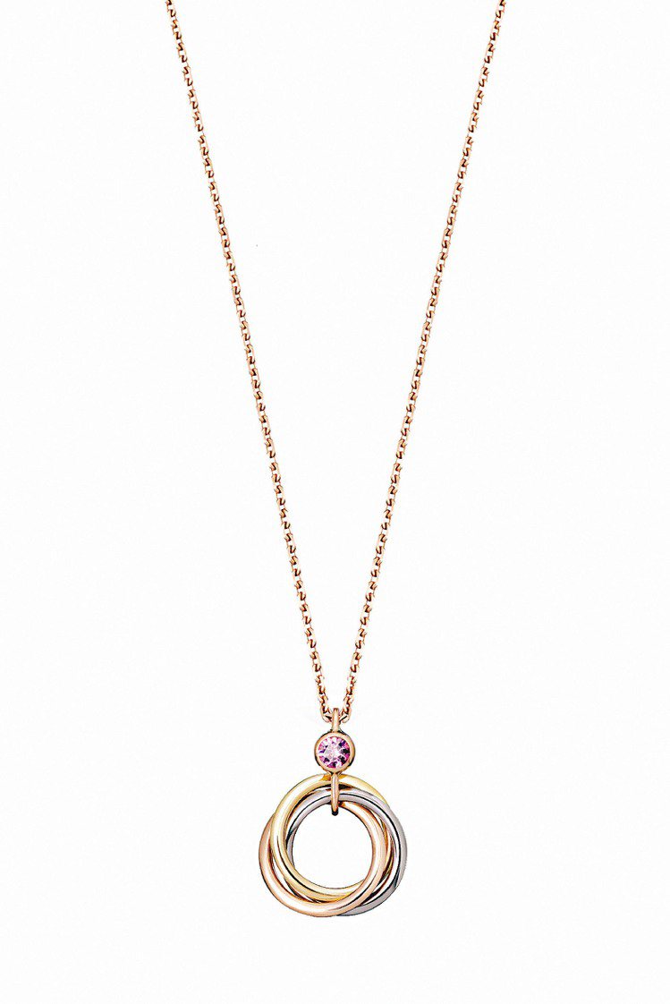 卡地亞Trinity項鍊，耶誕節限量版，三色金鑲嵌1顆粉紅尖晶石，46,000元。圖／Cartier提供