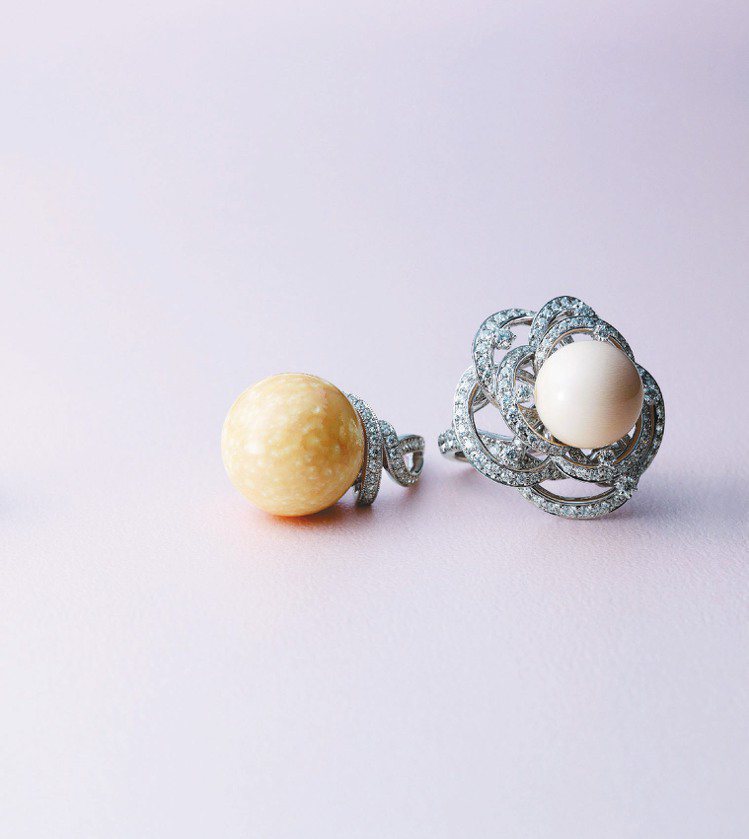 MIKIMOTO120周年頂級珠寶，Cassidae唐冠螺珠鑽石戒指420萬元；美樂珠鑽戒500萬元(左)。圖／MIKIMOTO提供