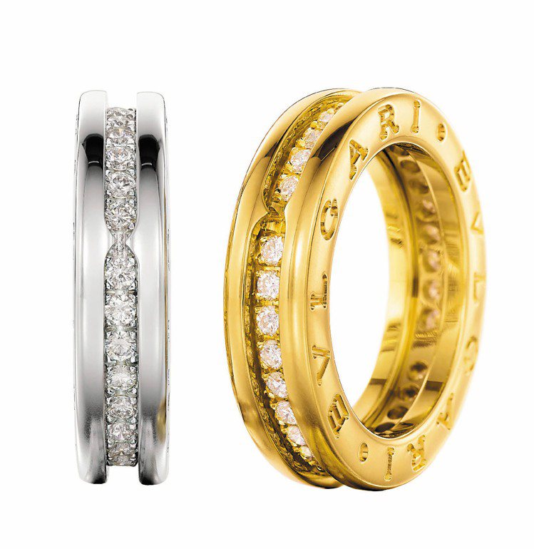 B.zero1系列白K金(左)與黃K金鑲鑽婚戒，各約13萬5,600元、13萬3...