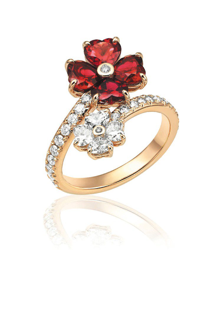 蕭邦高級珠寶For You系列戒指，18K玫瑰金鑲嵌鑽石及4顆紅寶石，80萬3,000元。圖／迪生提供