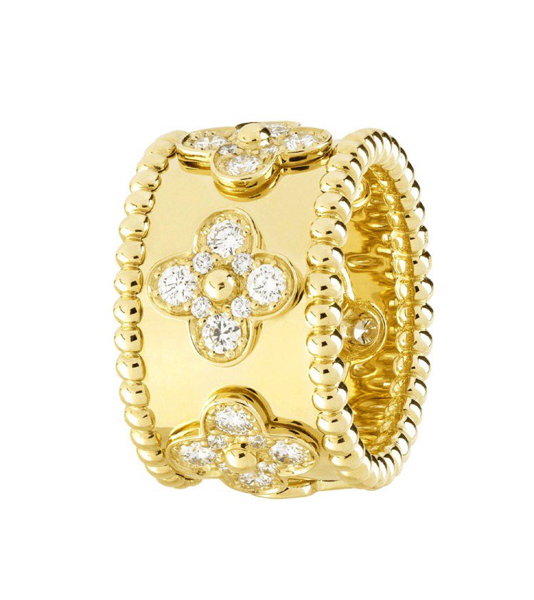 Perlee戒指，黃K金幸運四葉圖騰鑲嵌鑽石，42萬8,000元。圖／梵克雅寶提...