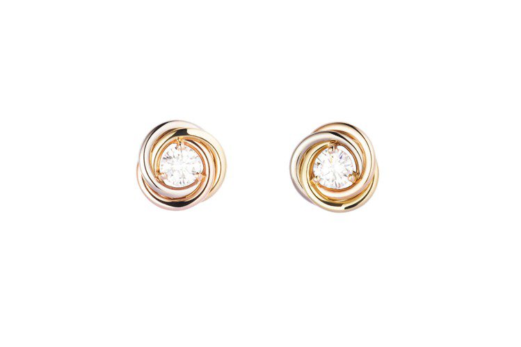 卡地亞Precious Trinity系列鑽石耳環，三色K金環，鑲嵌鑽石，售價約17萬8,000元。圖／卡地亞提供