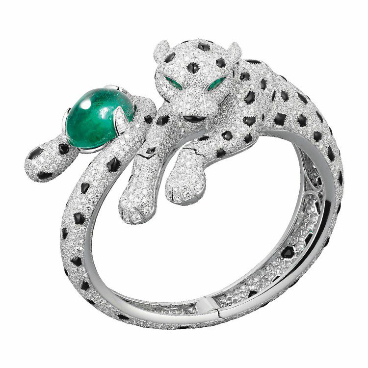 卡地亞頂級珠寶系列美洲豹手環，鉑金鑲嵌美鑽，豹紋為黑色縞瑪瑙，豹眼為祖母綠，包含...