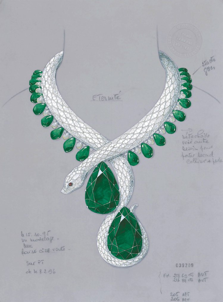 蛇形祖母綠鉑金鑽石項鍊設計圖，兩顆梨形祖母綠來自哥倫比亞契沃爾，各重206.12克拉和204.97克拉；蛇鱗以明亮式切割鑽石呈現。圖／卡地亞提供