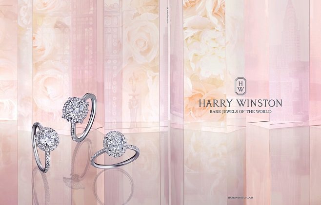 Harry Winston廣告以粉紅玫瑰的層次鏡影，搭配婚戒的唯美浪漫。 圖／Harry Winston提供