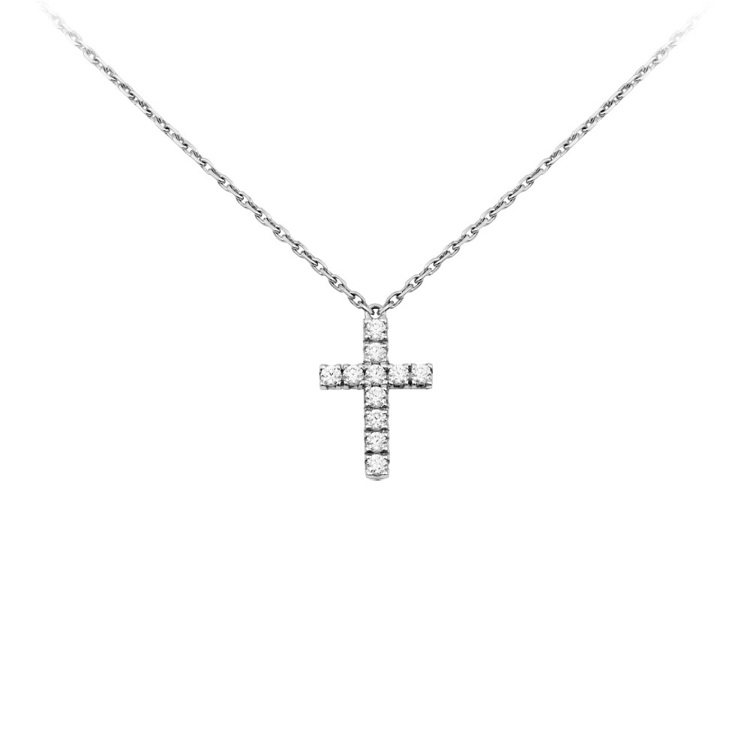 卡地亞十字架造型的項鍊，白K金鑲嵌鑽石款式，定價約76,000 元。圖／Cart...