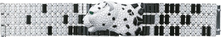 卡地亞Royal頂級珠寶系列美洲豹手環，鉑金鑲嵌鑽石、縞瑪瑙與祖母綠。圖／卡地亞提供