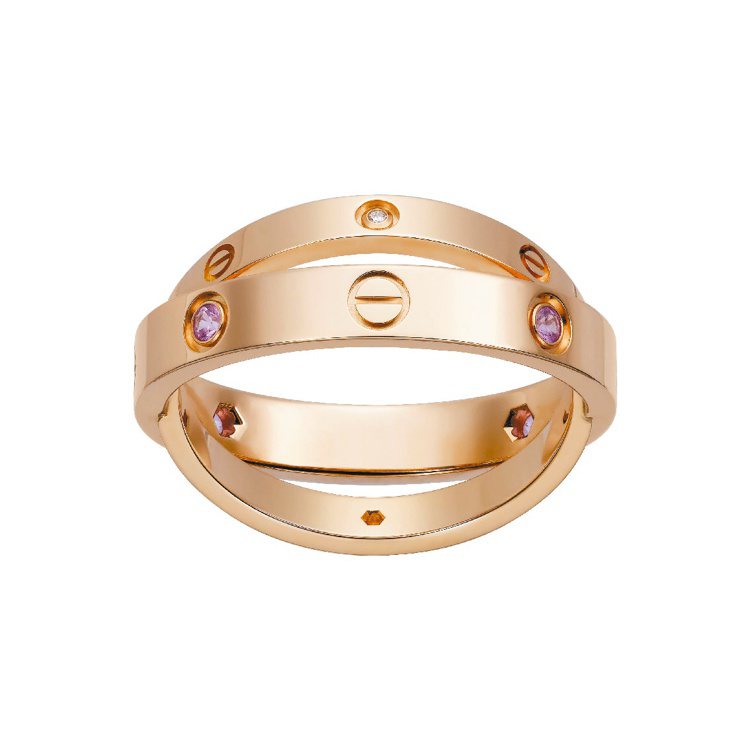 卡地亞Love系列玫瑰金戒指，鑲嵌4顆粉紅藍寶與2顆鑽石，92,500元。圖／卡地亞提供