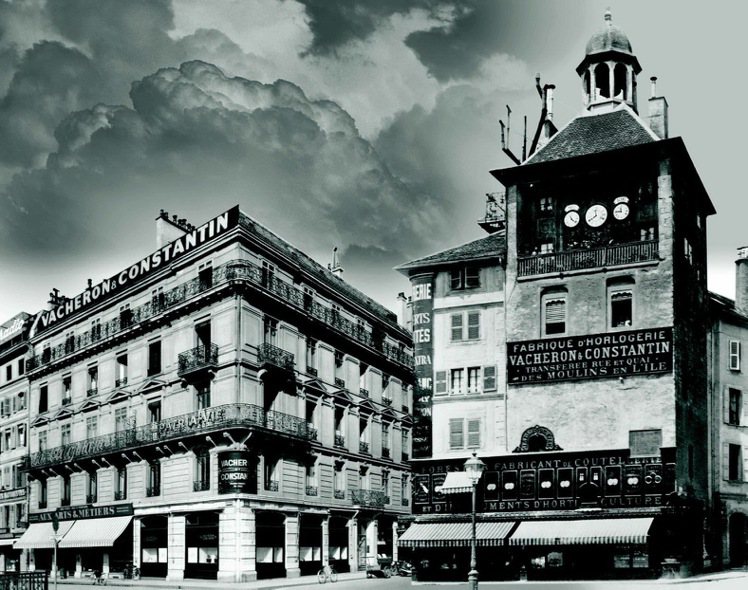 江詩丹頓第一家專賣店成立於1906年（左），從裡面望出可看到右前方的島塔鐘樓，後者是當時鐘表工匠校時的重要依據。圖／江詩丹頓提供