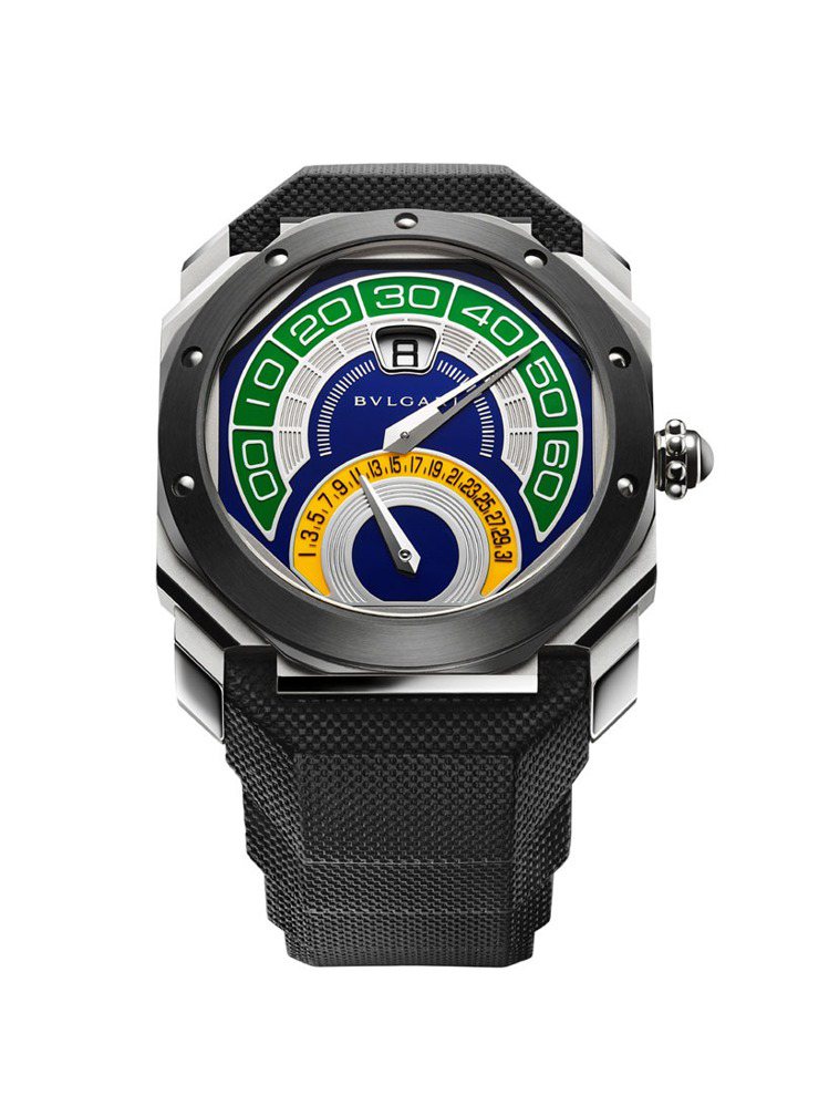 寶格麗推出世足賽概念表Octo Bi-Retro Brazil雙逆跳巴西紀念腕表，58萬1,000元，限量50只。圖／Bvlgari提供